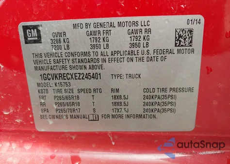 2014 Chevrolet Silverado 1500 2Lt из США, поврежденный, VIN 1GCVKRECXEZ245401